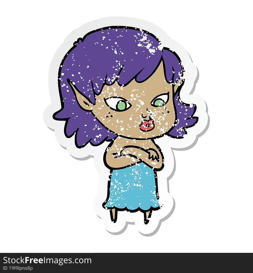 distressed sticker of a pretty cartoon elf girl