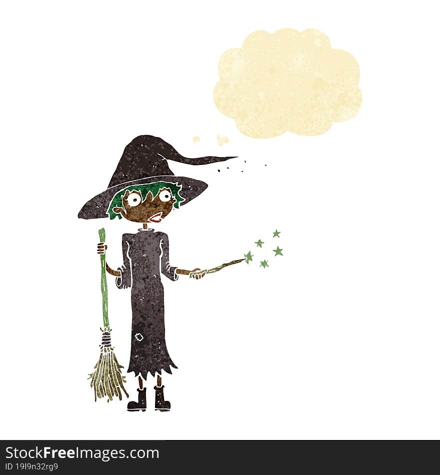 cartoon witch casting spell with thought bubble