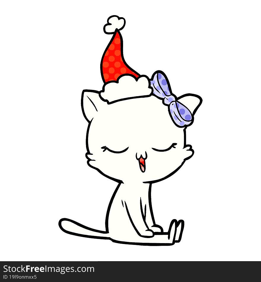 comic book style illustration of a cat with bow on head wearing santa hat