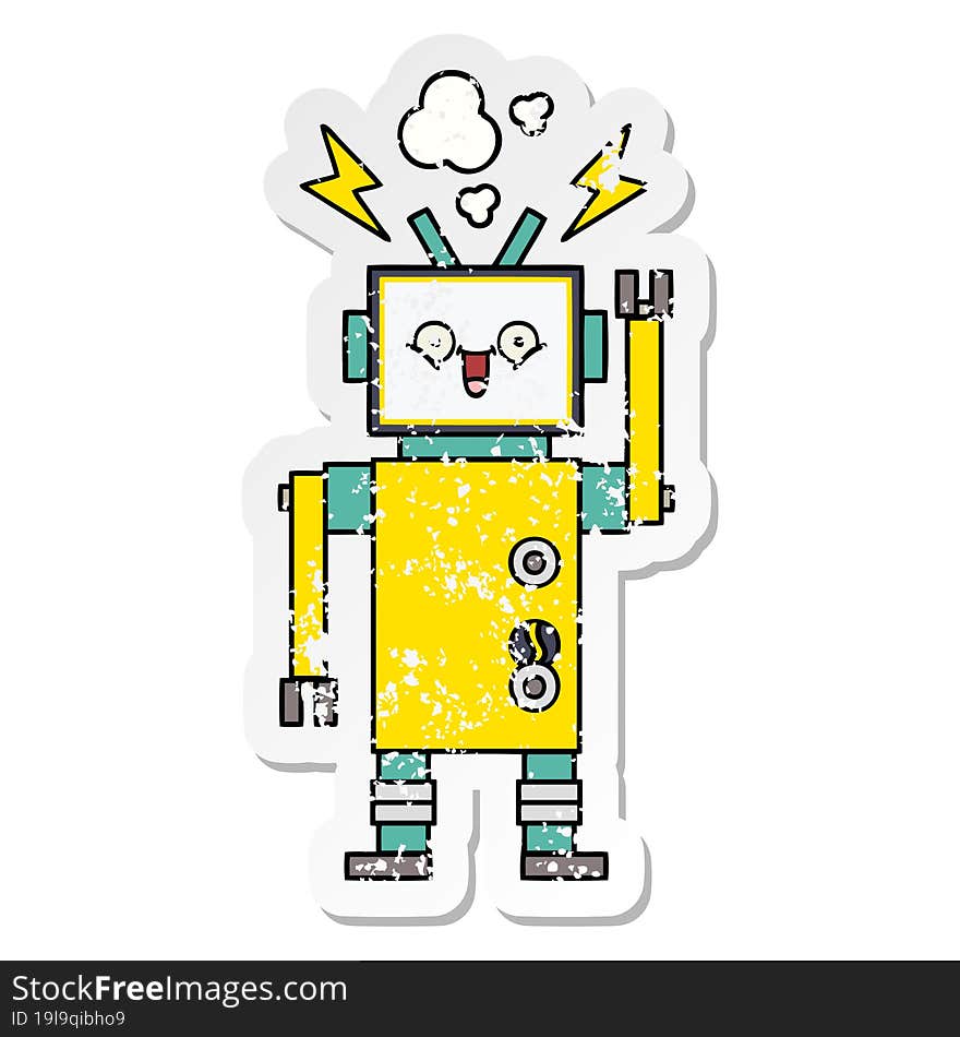 Distressed Sticker Of A Cute Cartoon Happy Robot