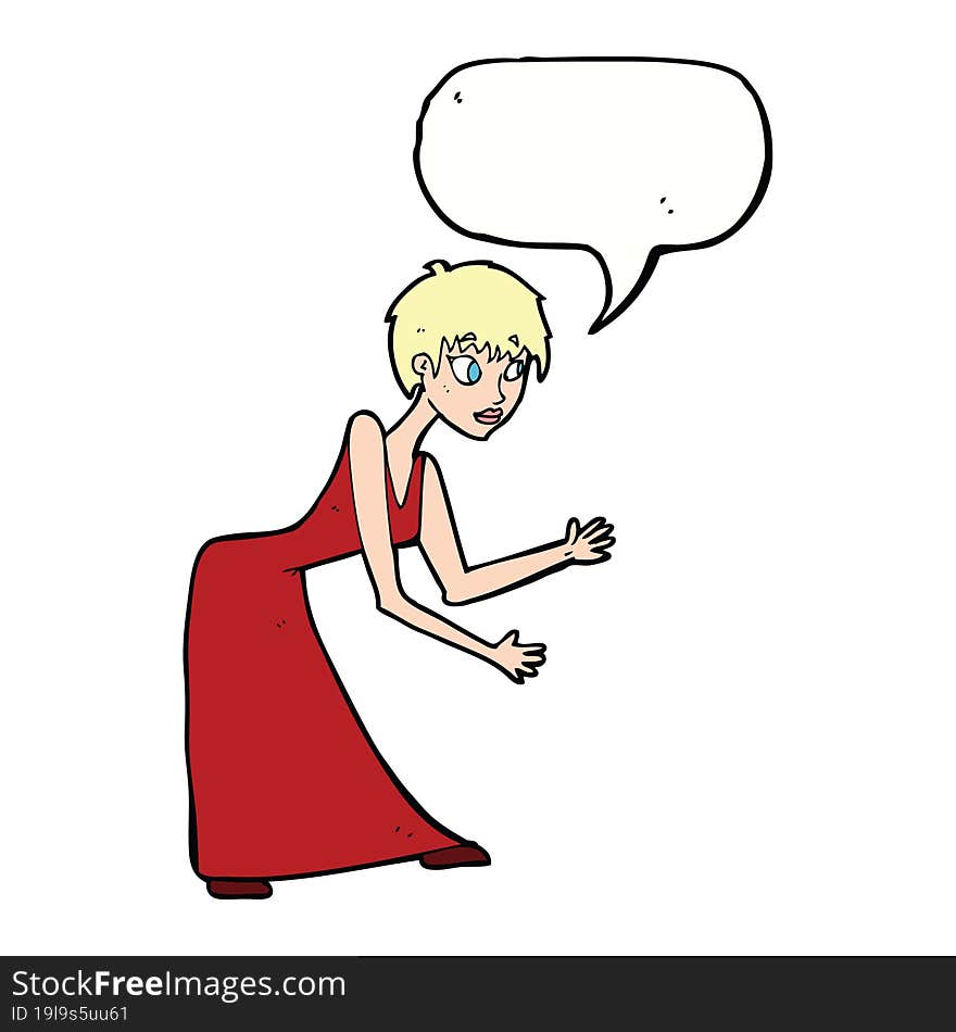 cartoon woman in dress gesturing with speech bubble