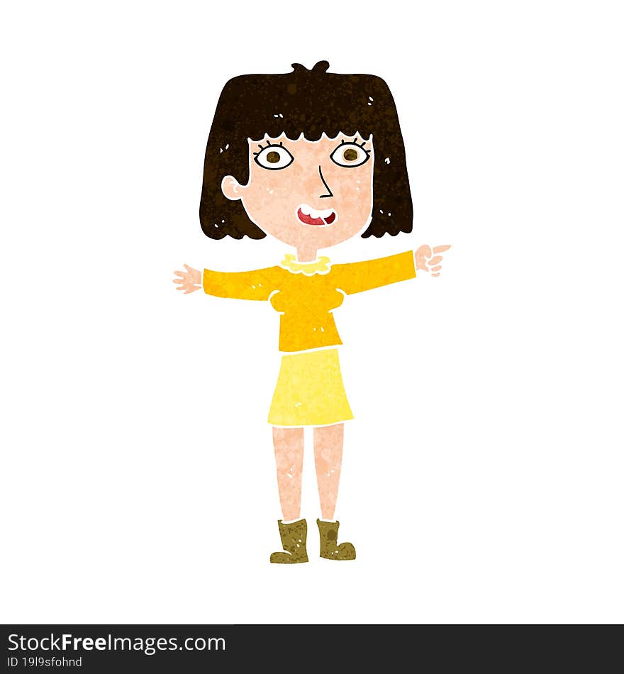 cartoon happy woman pointing