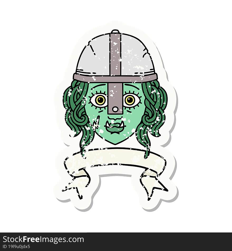 Retro Tattoo Style orc fighter character face with banner. Retro Tattoo Style orc fighter character face with banner