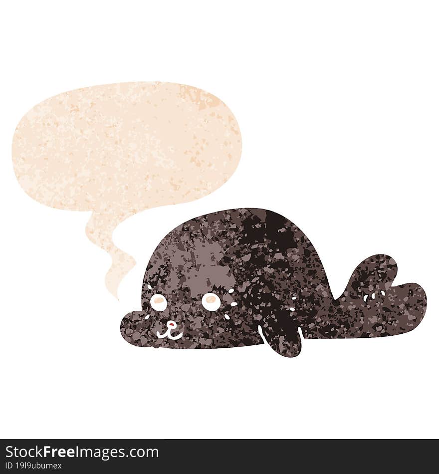 cartoon baby seal and speech bubble in retro textured style