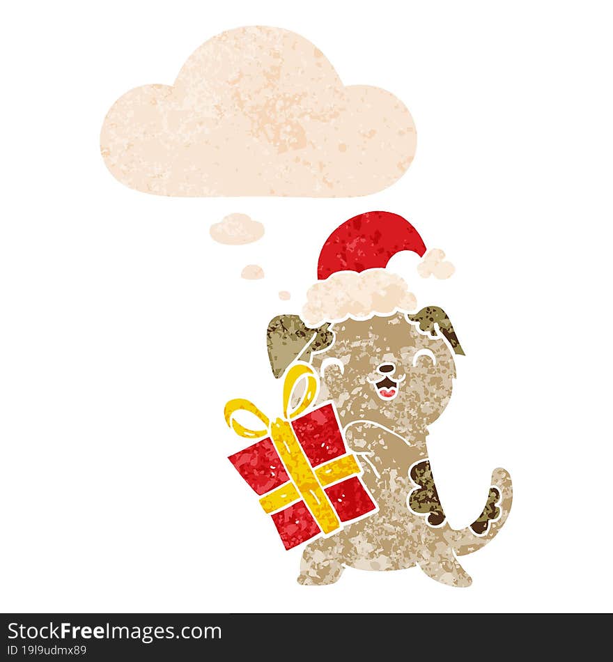 cute cartoon puppy with christmas present and hat with thought bubble in grunge distressed retro textured style. cute cartoon puppy with christmas present and hat with thought bubble in grunge distressed retro textured style