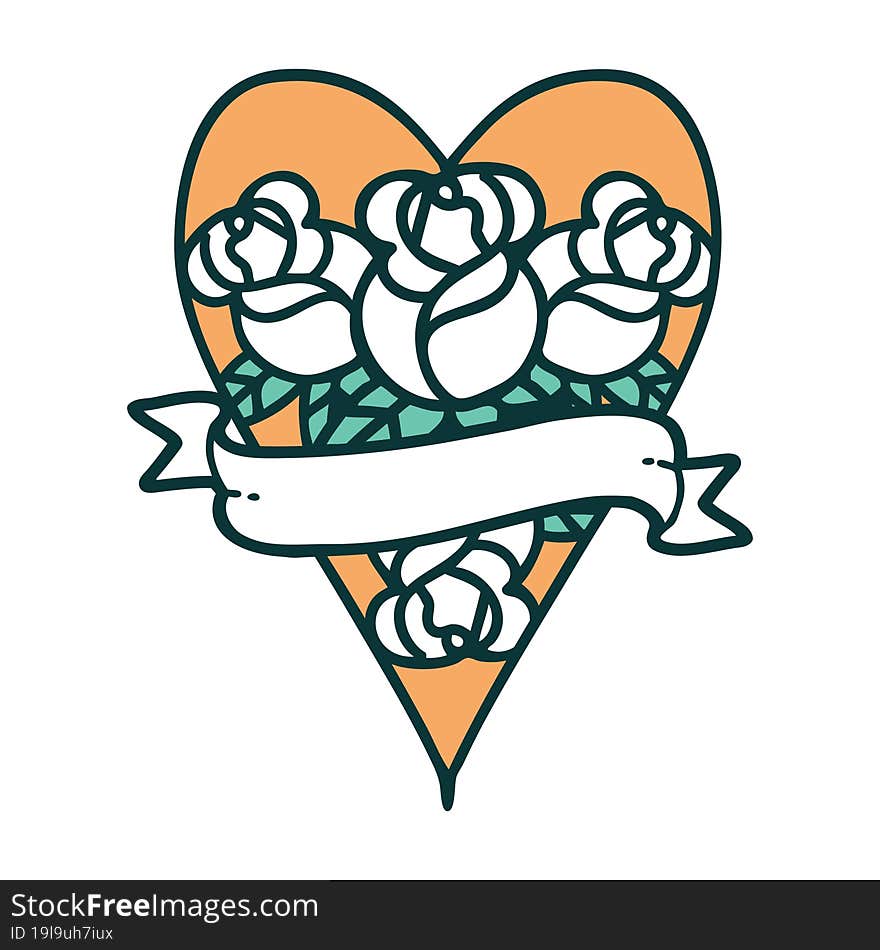 Tattoo Style Icon Of A Heart And Banner With Flowers