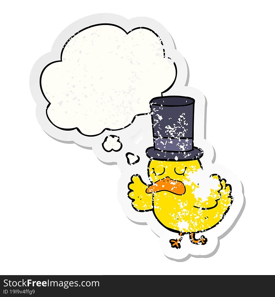 cartoon duck wearing top hat and thought bubble as a distressed worn sticker