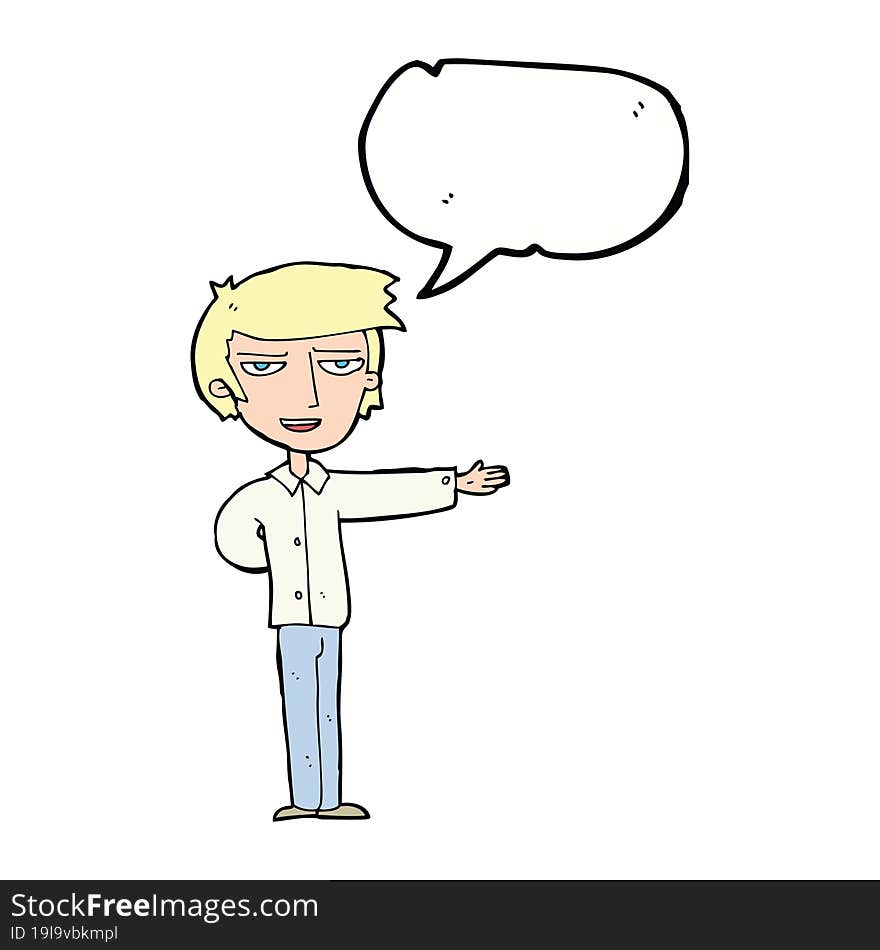 Cartoon Man Gesturing Welcome With Speech Bubble