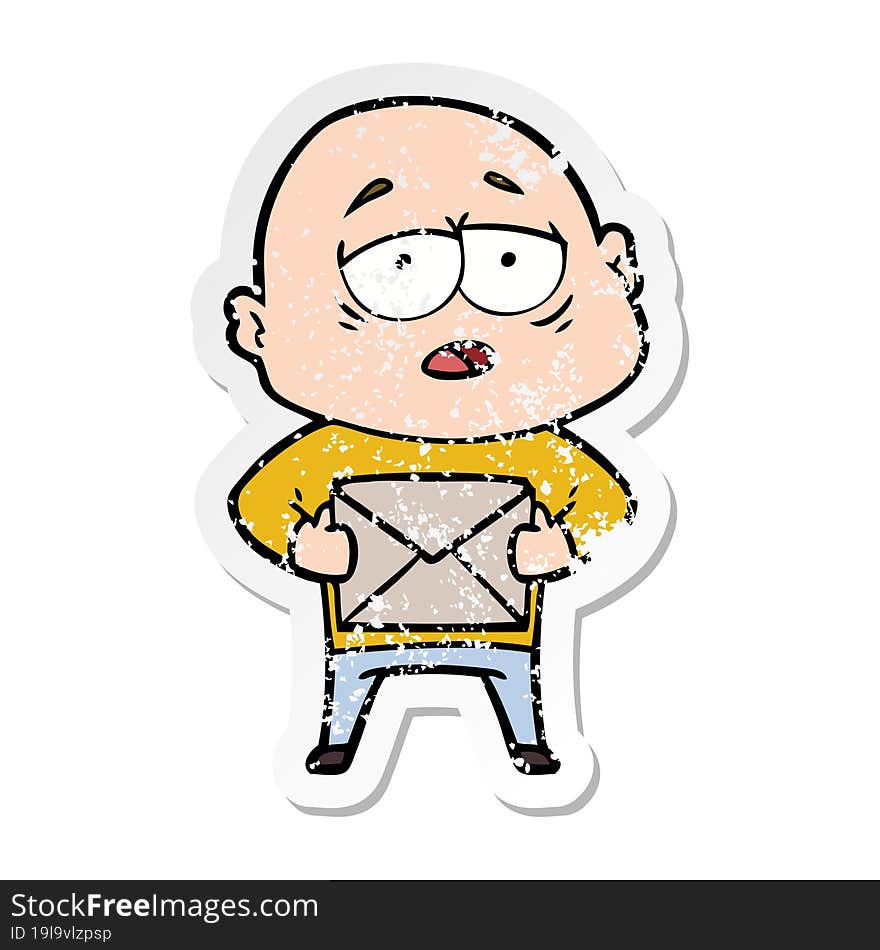 distressed sticker of a cartoon tired bald man