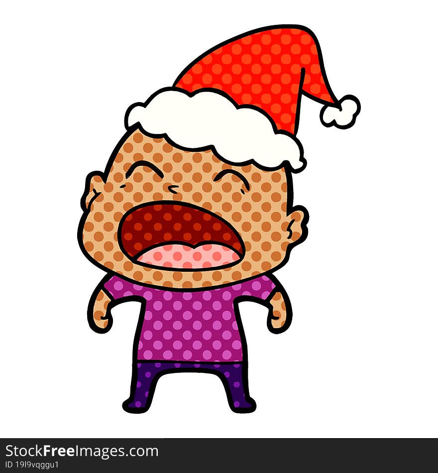 comic book style illustration of a shouting bald man wearing santa hat