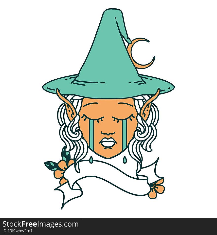 Retro Tattoo Style sad elf mage character face. Retro Tattoo Style sad elf mage character face