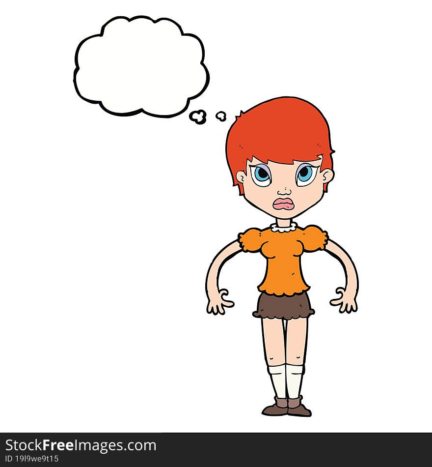 cartoon woman looking annoyed with thought bubble