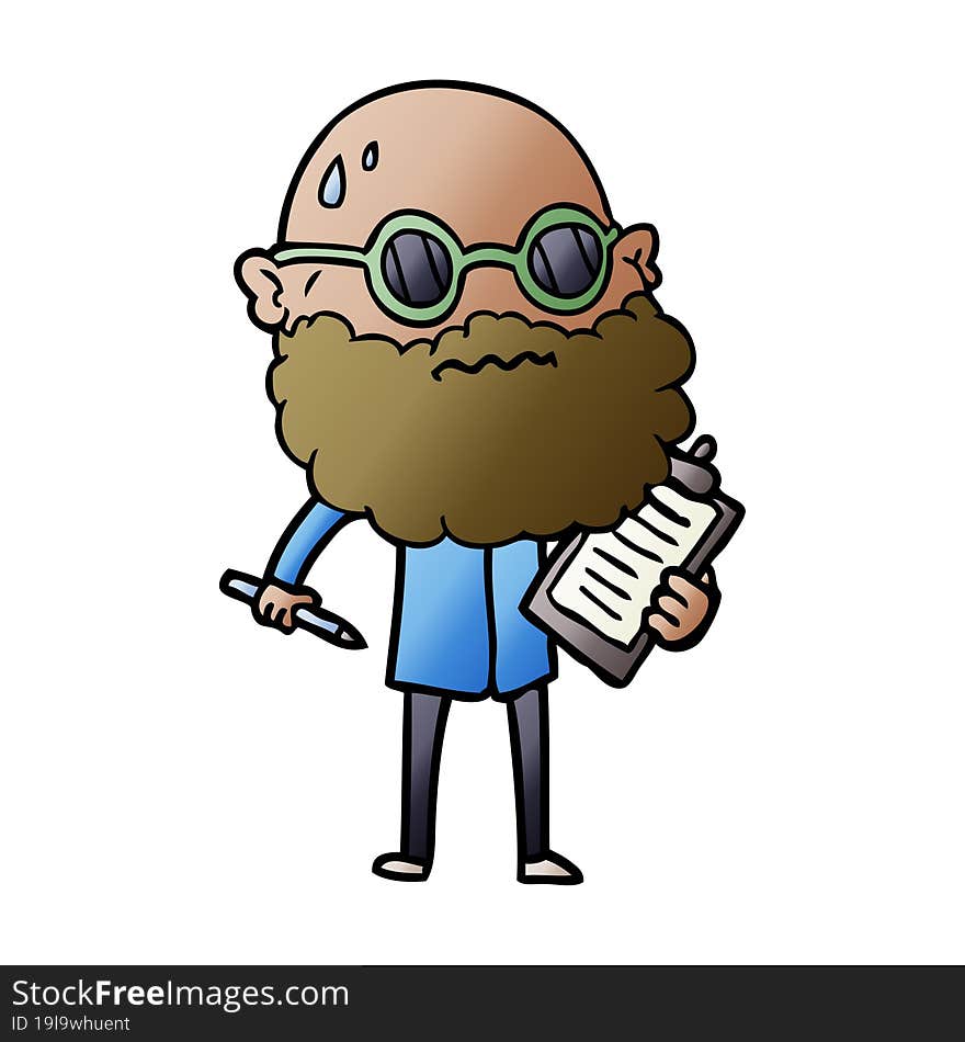 cartoon worried man with beard and sunglasses taking survey. cartoon worried man with beard and sunglasses taking survey