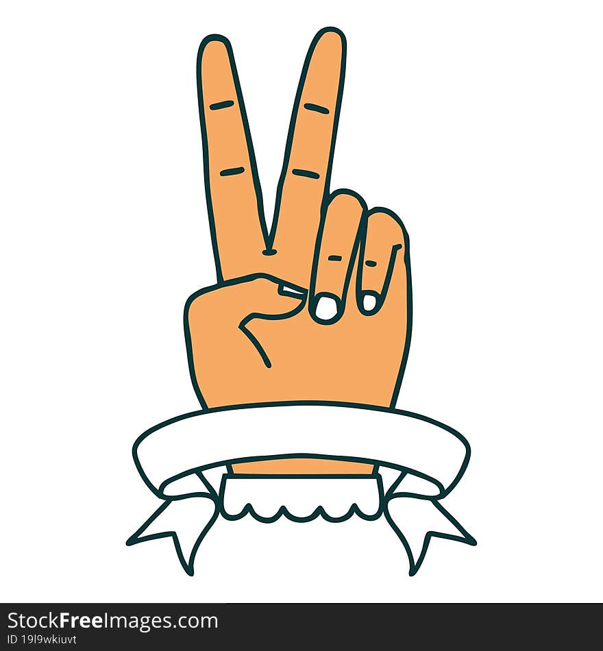 Retro Tattoo Style peace two finger hand gesture with banner. Retro Tattoo Style peace two finger hand gesture with banner