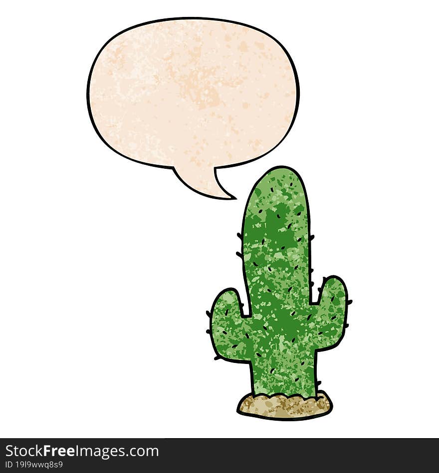 cartoon cactus and speech bubble in retro texture style