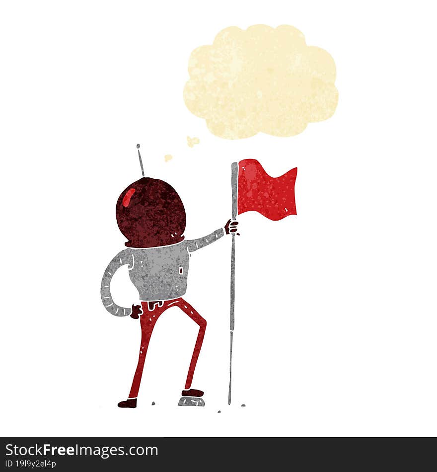 cartoon astronaut planting flag with thought bubble