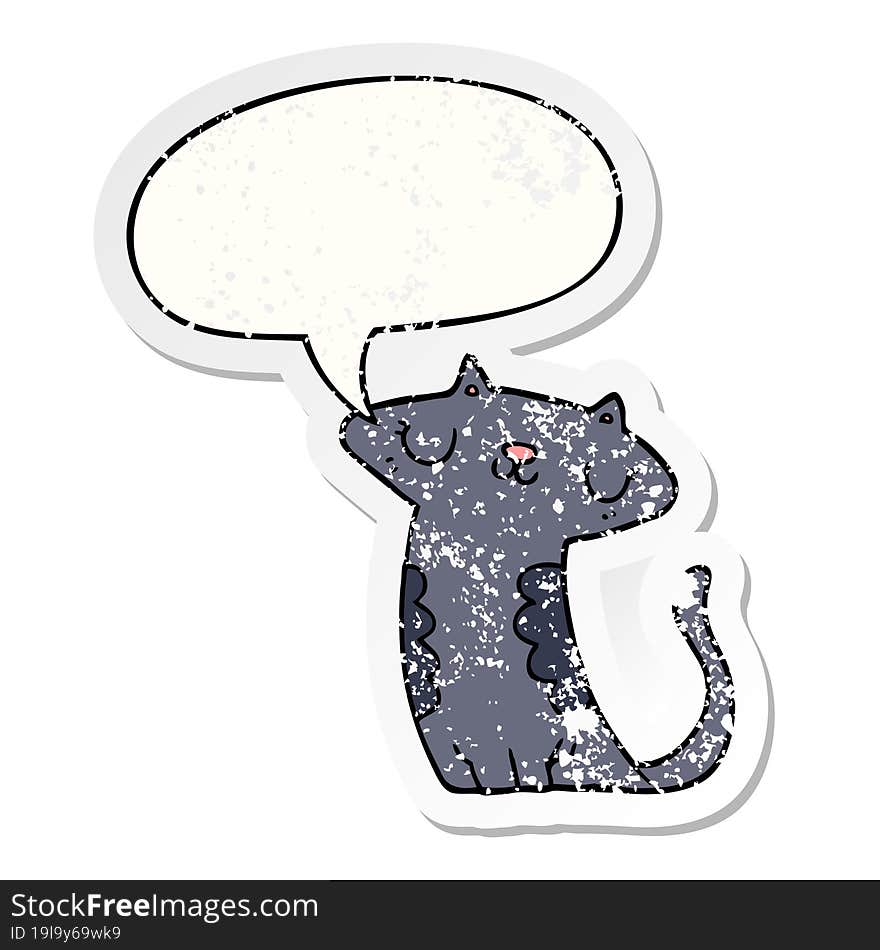 cartoon cat with speech bubble distressed distressed old sticker. cartoon cat with speech bubble distressed distressed old sticker