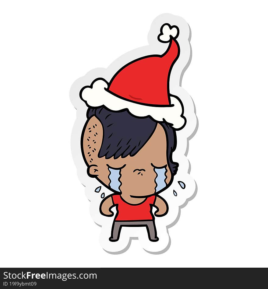 sticker cartoon of a crying girl wearing santa hat