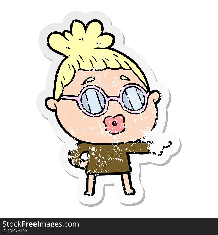 distressed sticker of a cartoon woman wearing spectacles