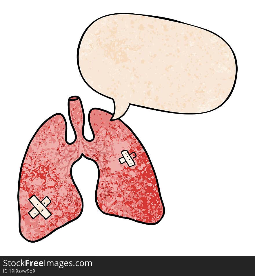 cartoon lungs and speech bubble in retro texture style