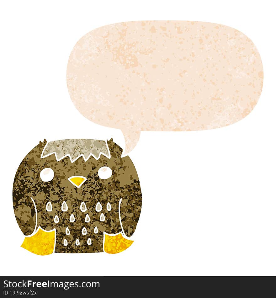 cartoon owl and speech bubble in retro textured style