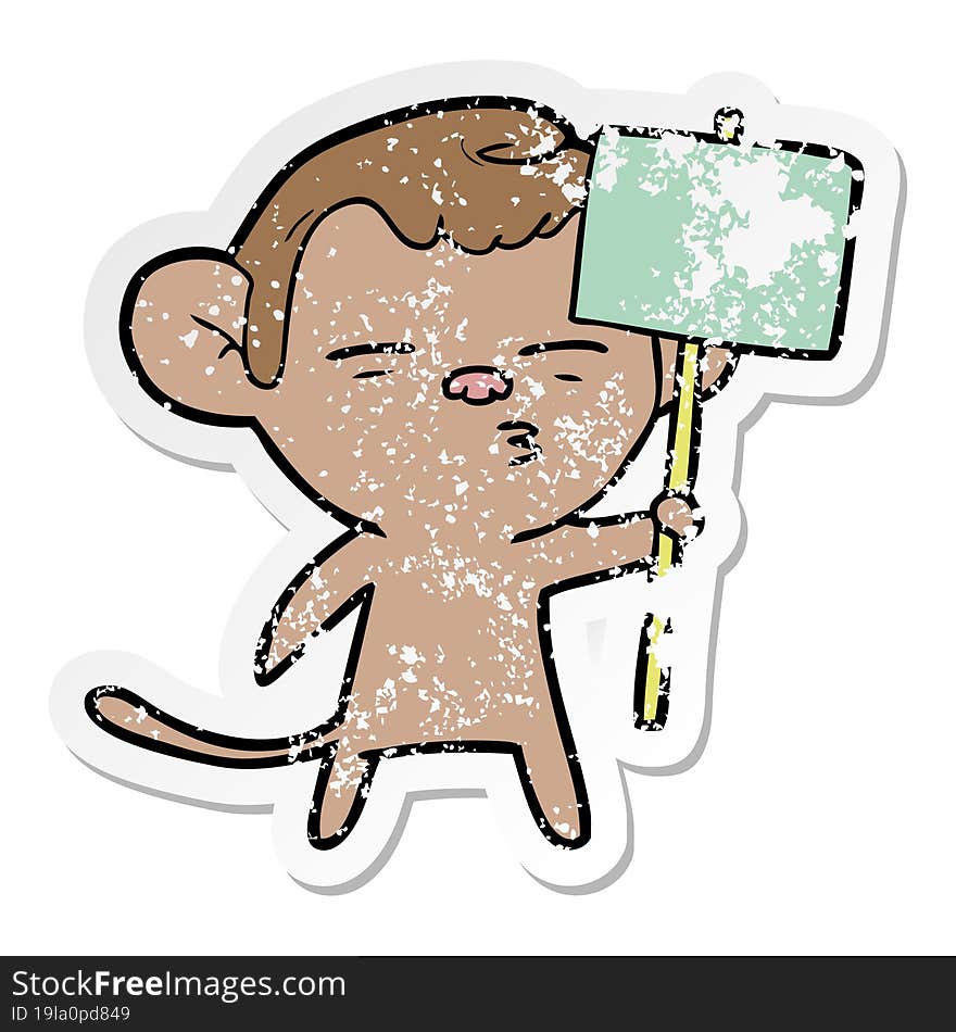 distressed sticker of a cartoon suspicious monkey with signpost