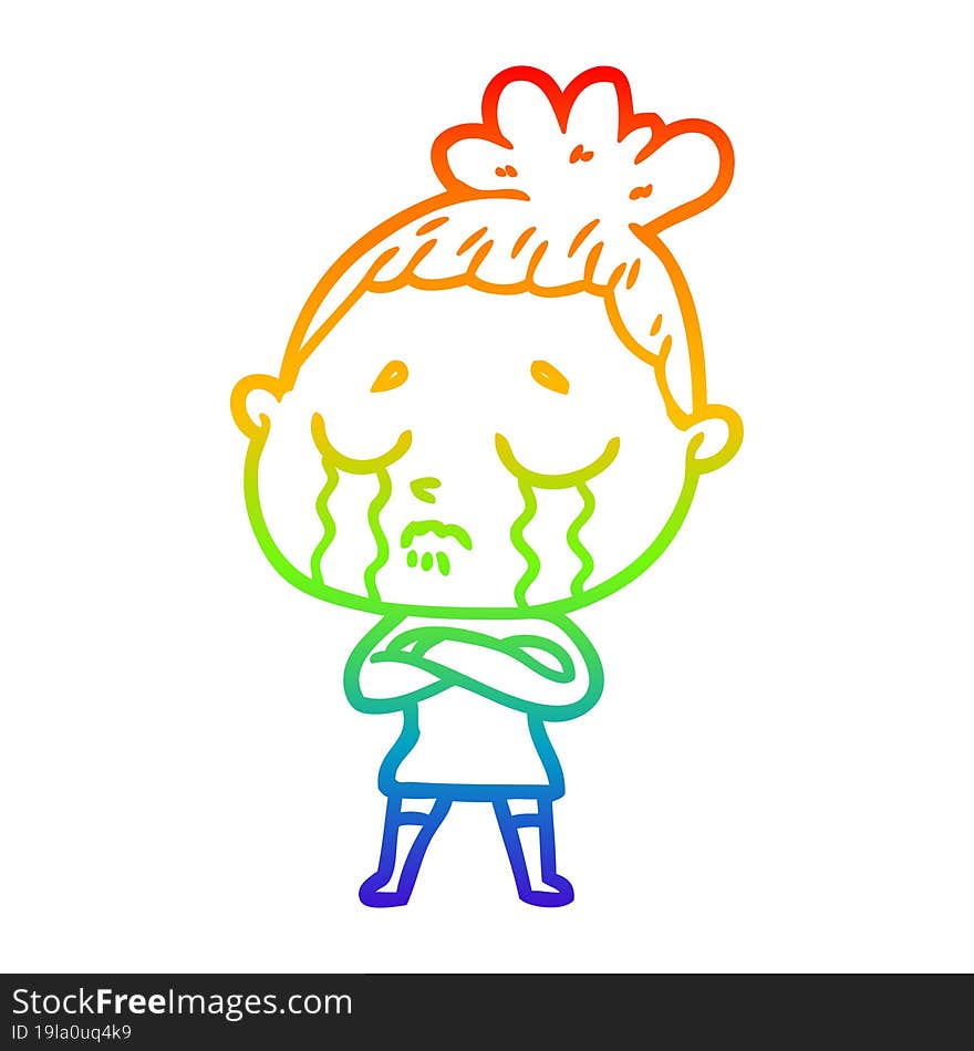 rainbow gradient line drawing of a cartoon crying woman