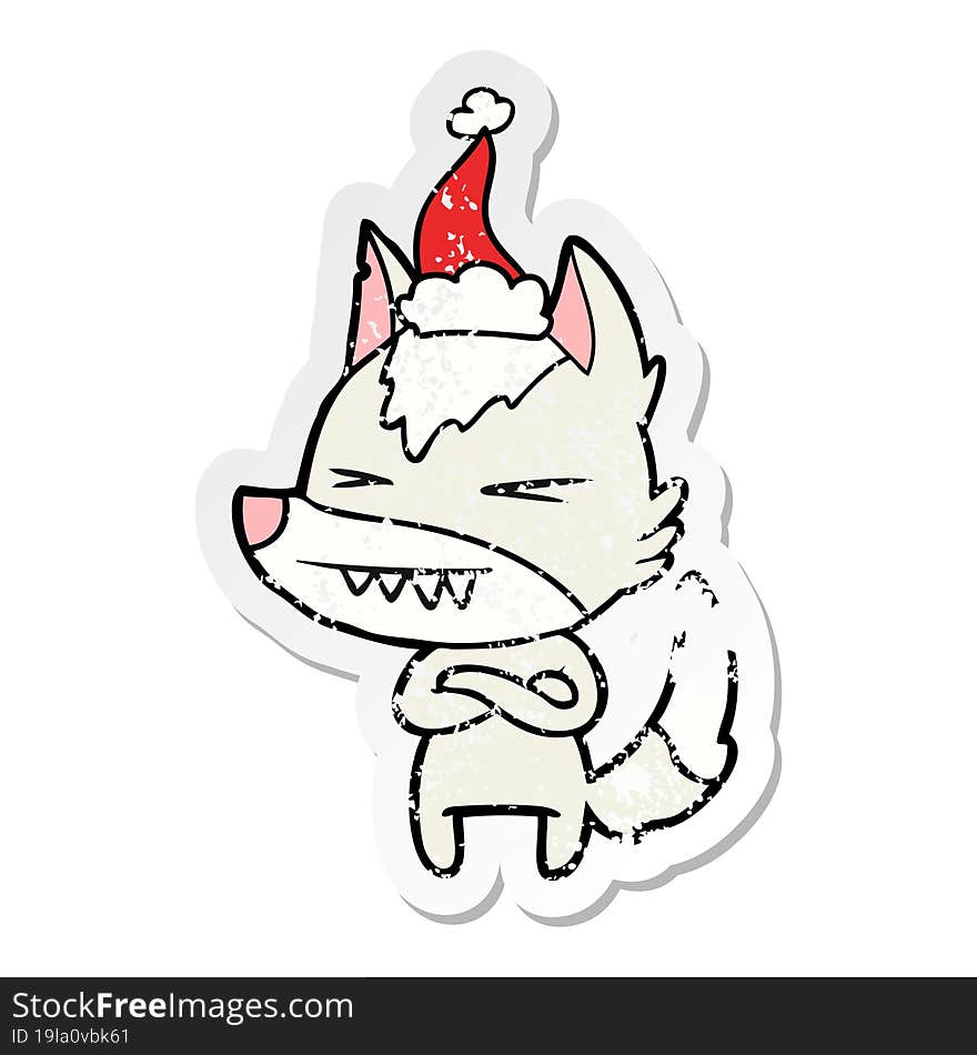 angry wolf hand drawn distressed sticker cartoon of a wearing santa hat. angry wolf hand drawn distressed sticker cartoon of a wearing santa hat