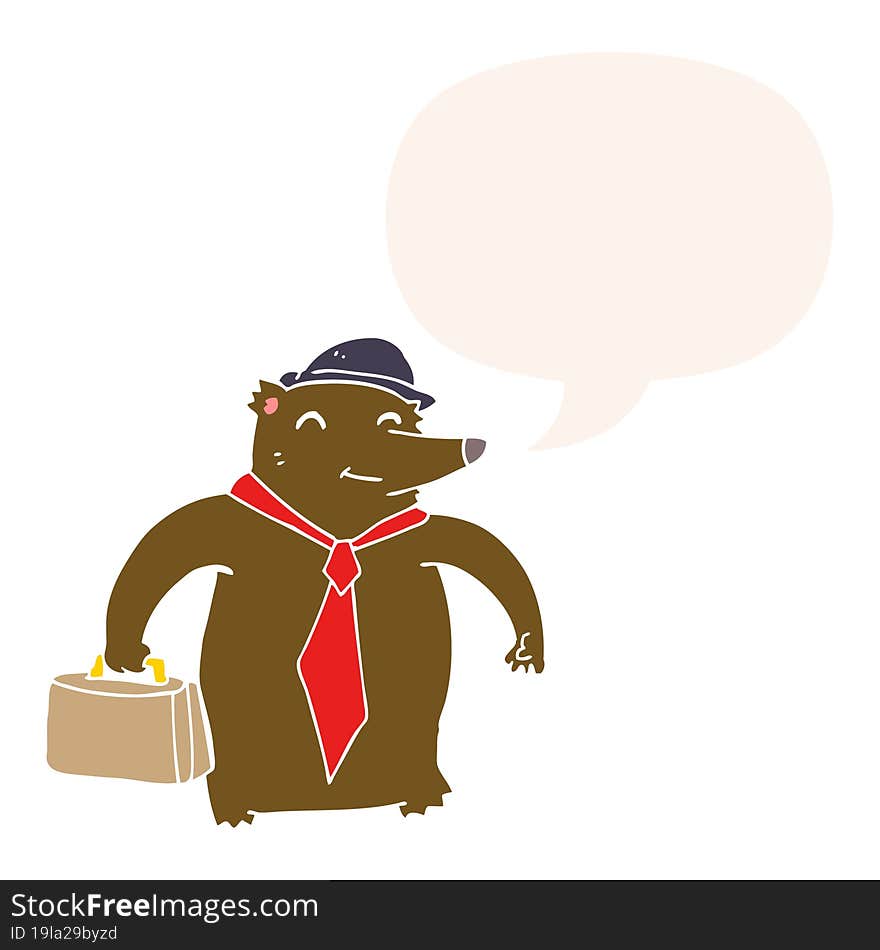 Cartoon Business Bear And Speech Bubble In Retro Style