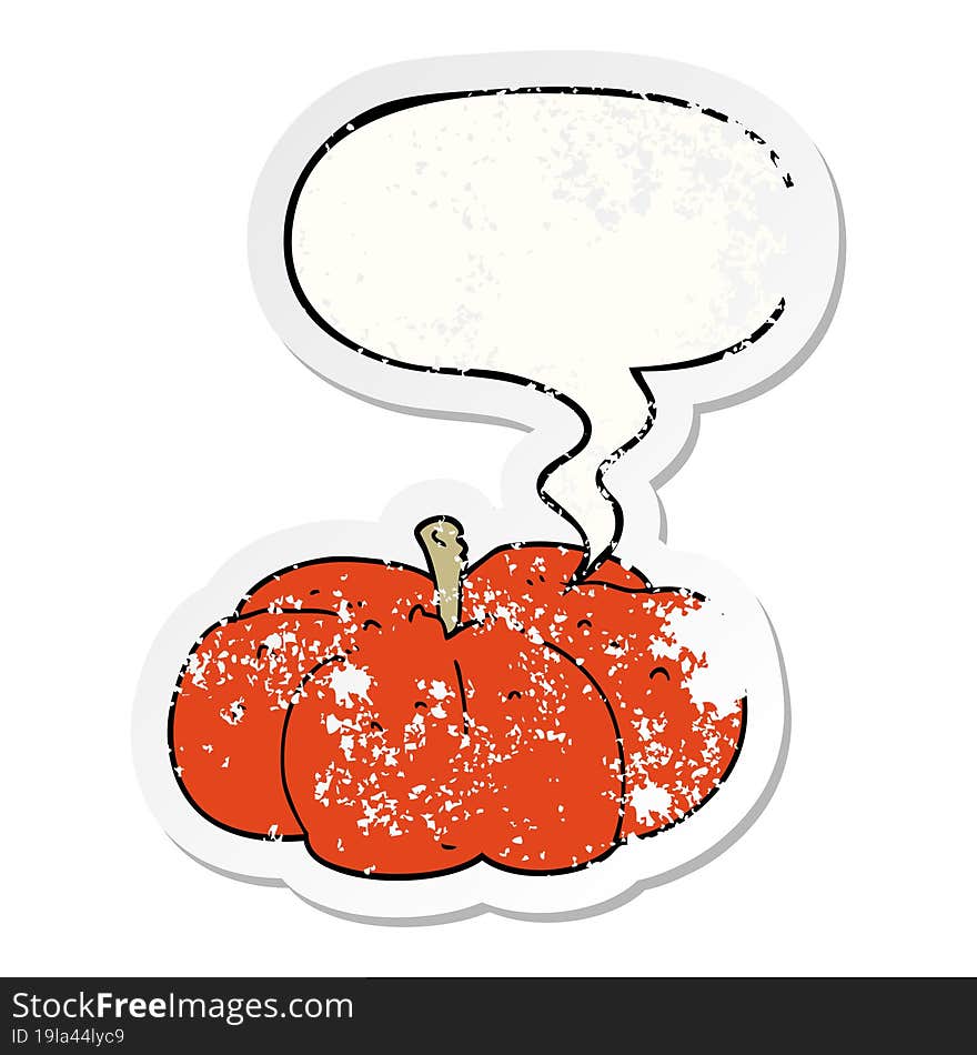 cartoon pumpkin and speech bubble distressed sticker