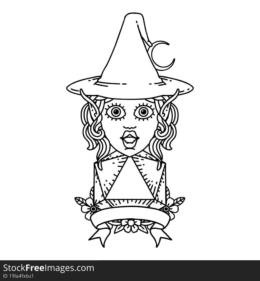 Black and White Tattoo linework Style elf mage character with natural twenty dice roll. Black and White Tattoo linework Style elf mage character with natural twenty dice roll