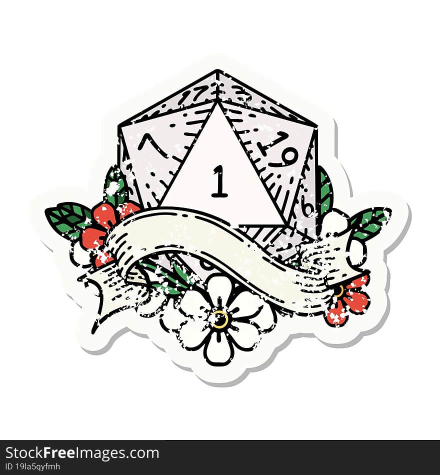 Natural One D20 Dice Roll Grunge Sticker