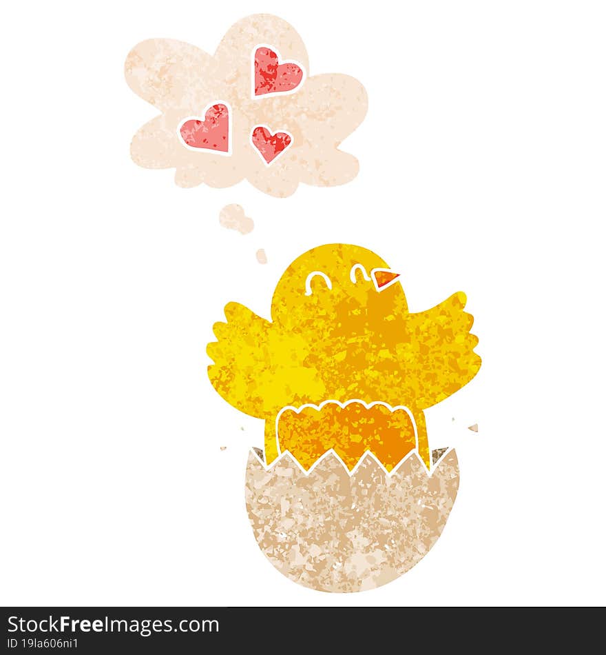 cute hatching chick cartoon and thought bubble in retro textured style