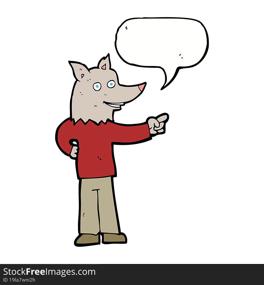 Cartoon Wolf Man Pointing With Speech Bubble