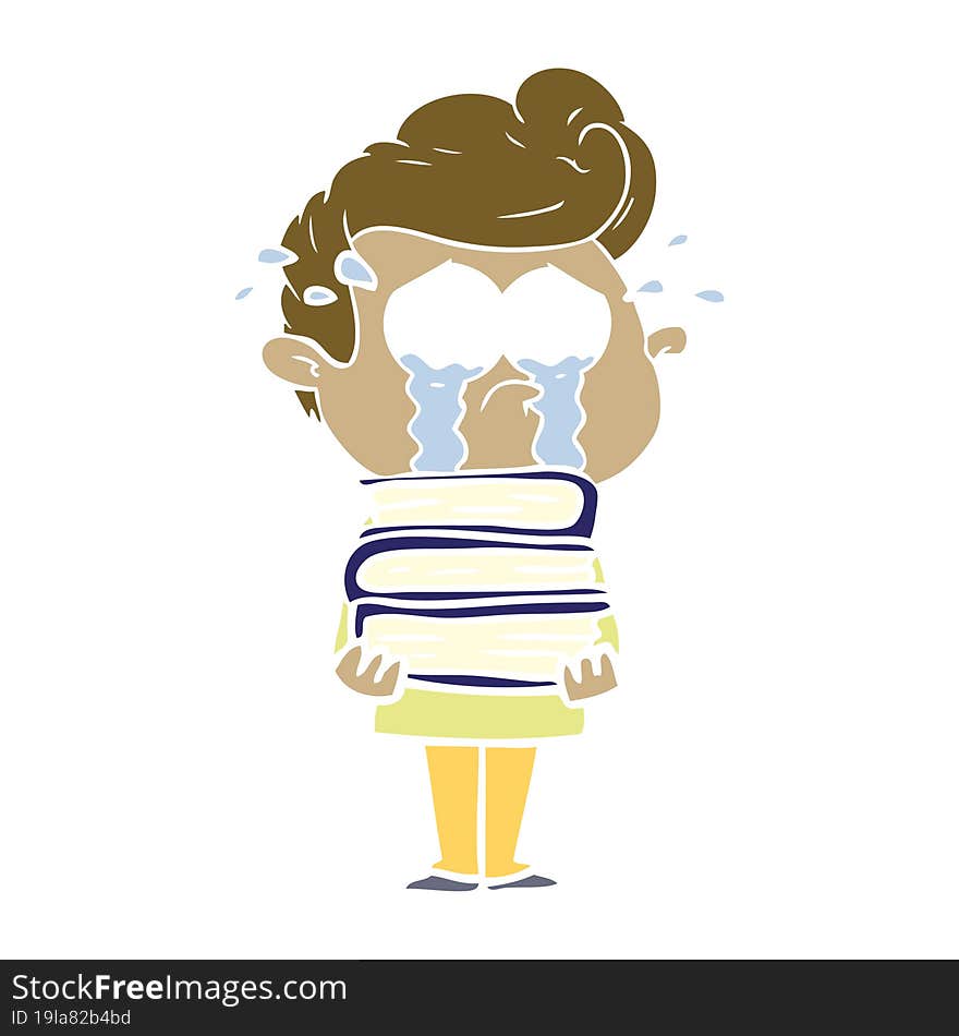 Flat Color Style Cartoon Crying Student With Stack Of Books