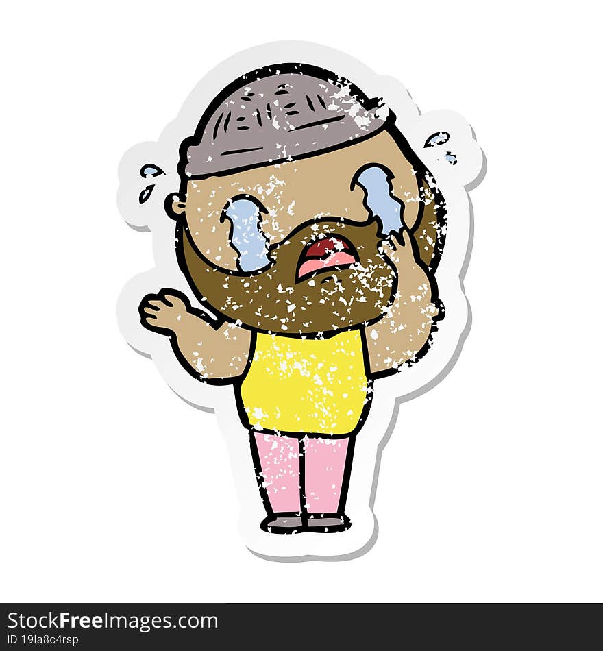 distressed sticker of a cartoon bearded man crying