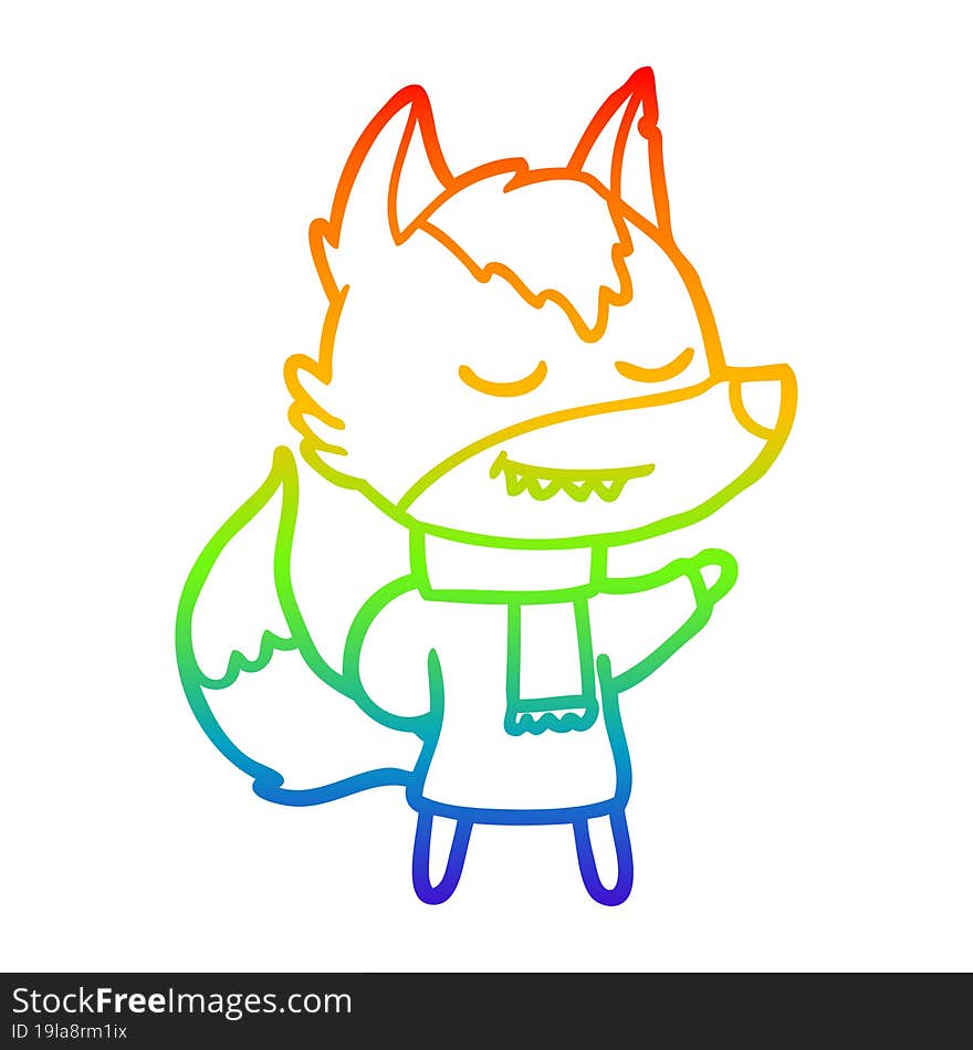 rainbow gradient line drawing friendly cartoon wolf wearing scarf