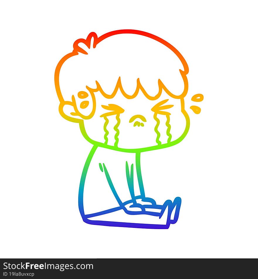 Rainbow Gradient Line Drawing Cartoon Boy Crying