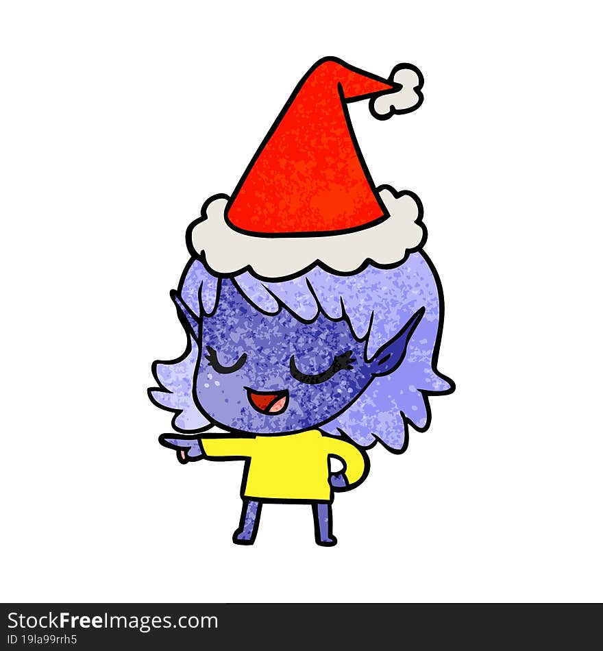 happy textured cartoon of a elf girl pointing wearing santa hat