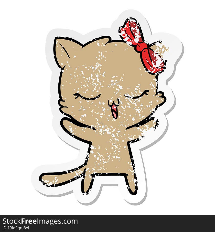 distressed sticker of a cartoon cat with bow on head