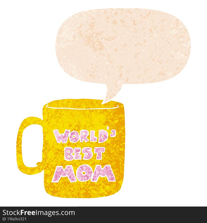 worlds best mom mug and speech bubble in retro textured style