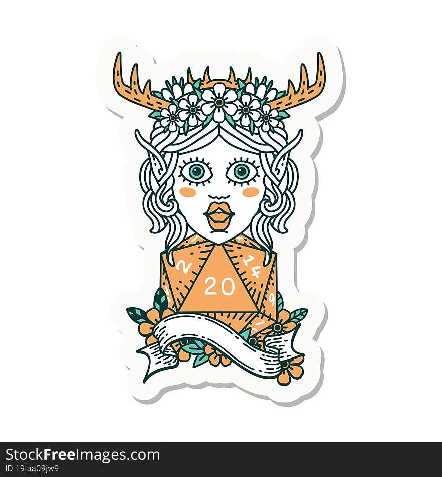 sticker of a elf druid character with natural twenty dice roll. sticker of a elf druid character with natural twenty dice roll