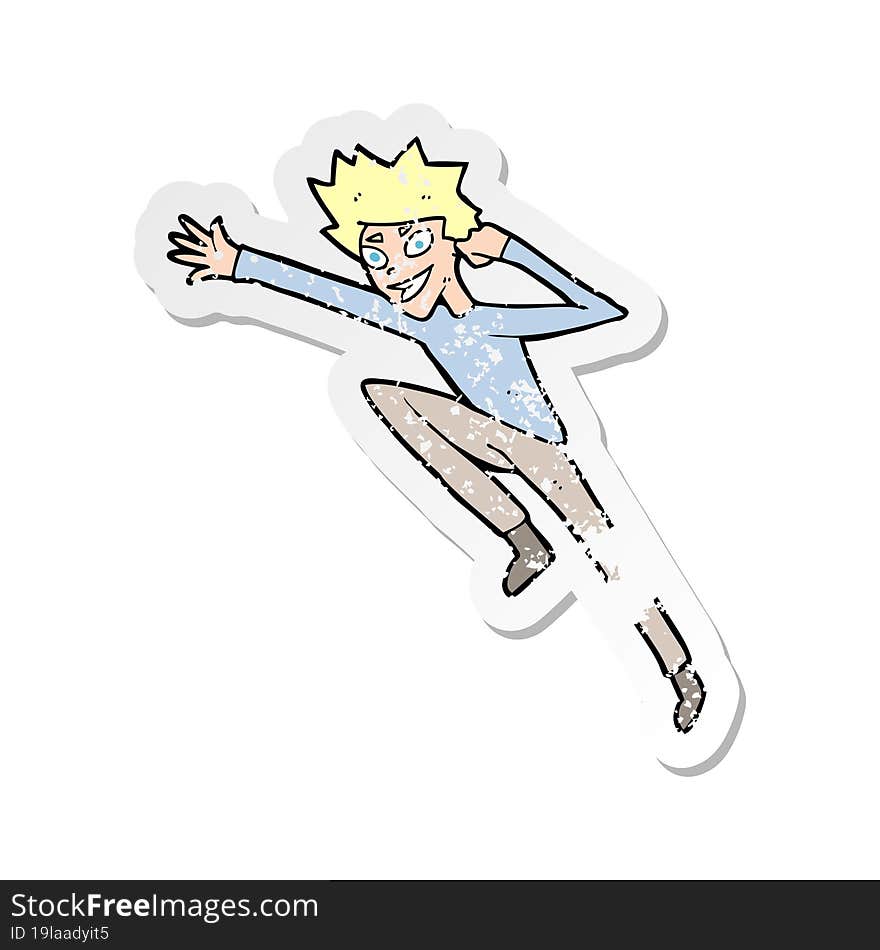 Retro Distressed Sticker Of A Cartoon Jumping Man