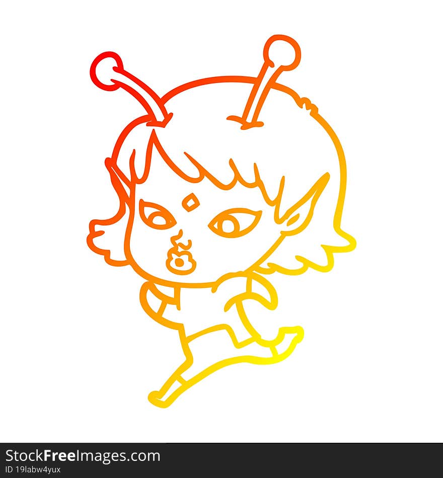 Warm Gradient Line Drawing Pretty Cartoon Alien Girl Running