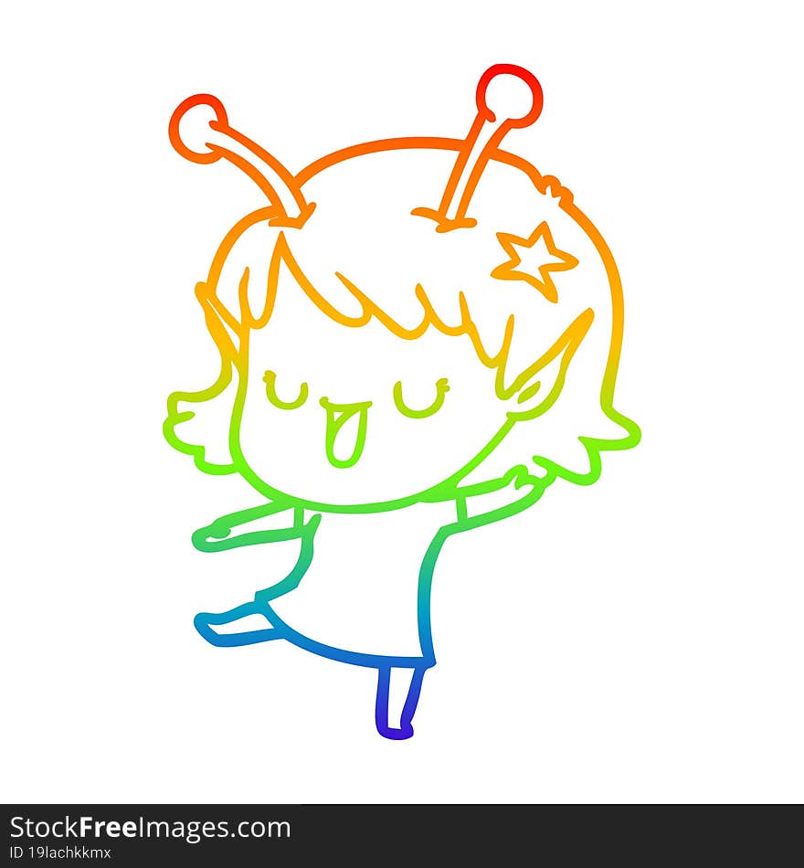 Rainbow Gradient Line Drawing Happy Alien Girl Cartoon