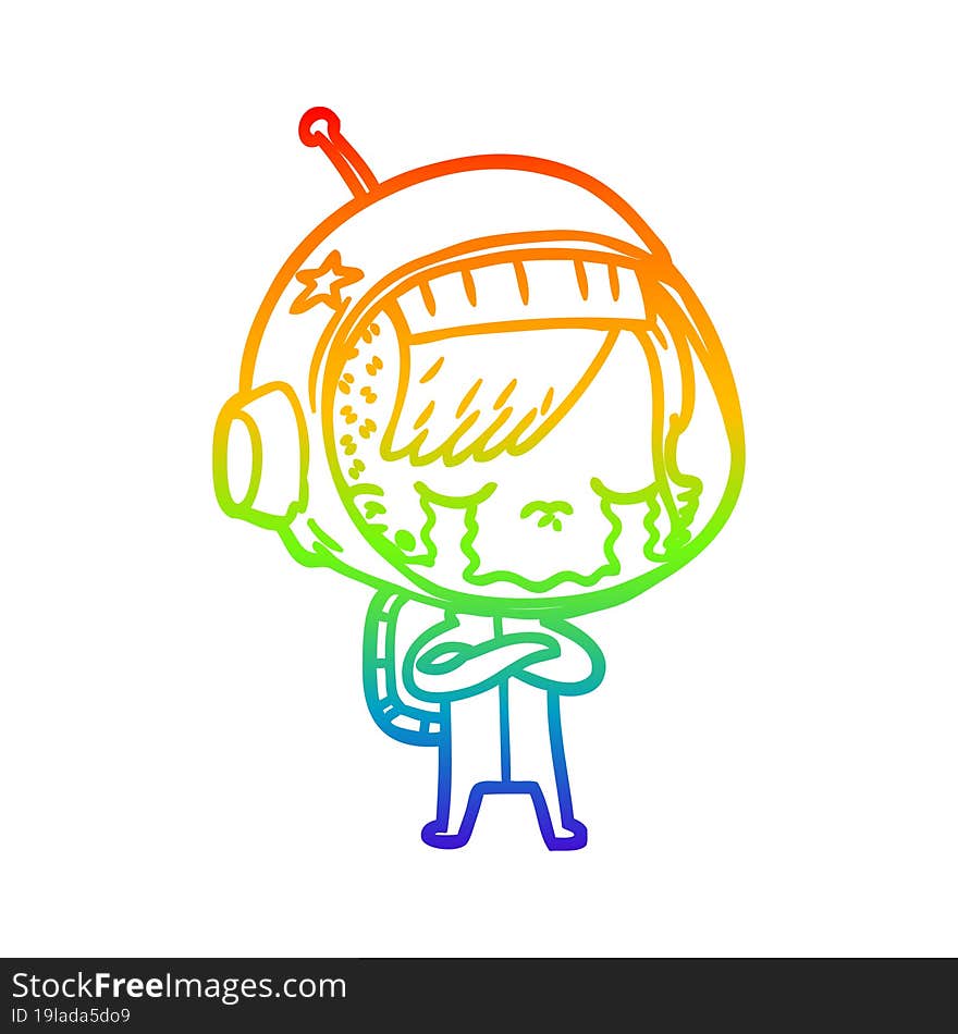 rainbow gradient line drawing cartoon crying astronaut girl