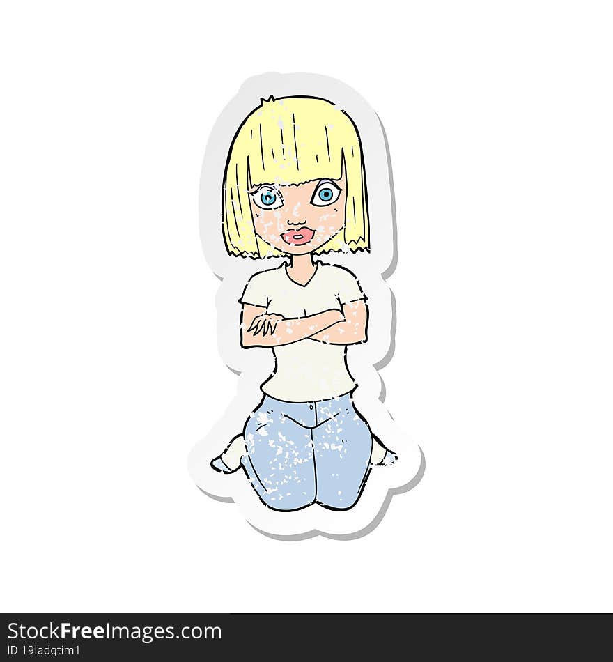 retro distressed sticker of a cartoon woman kneeling