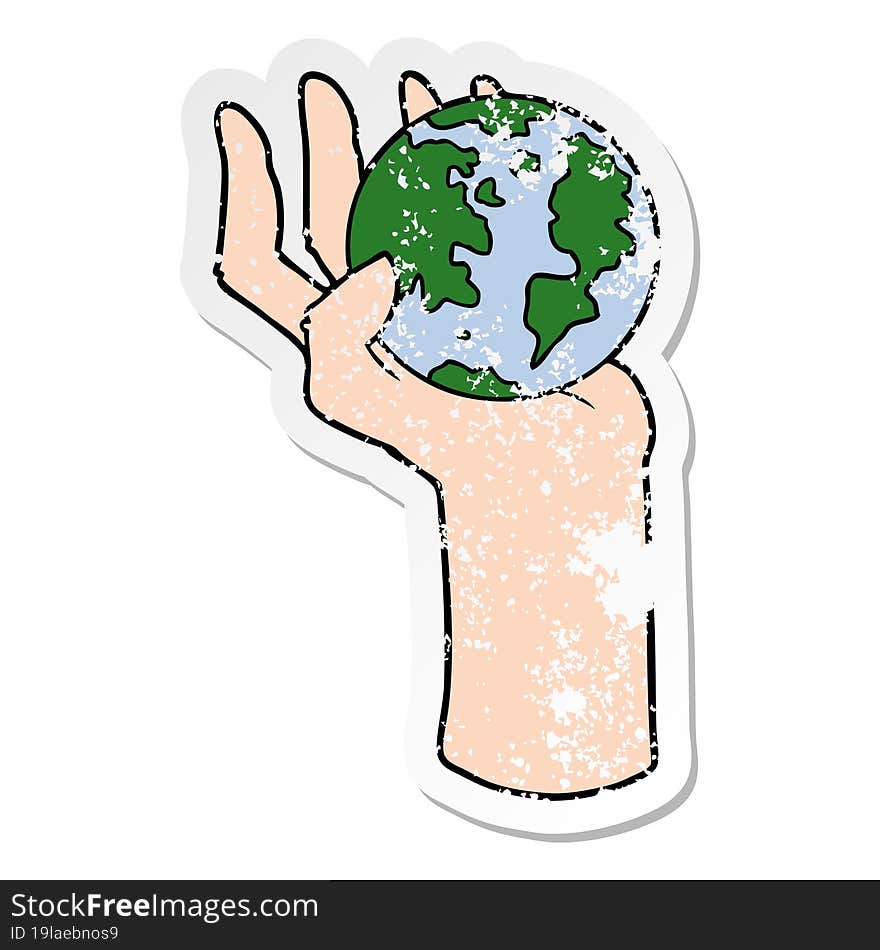 Distressed Sticker Of A Cartoon Hand Holding Whole Earth