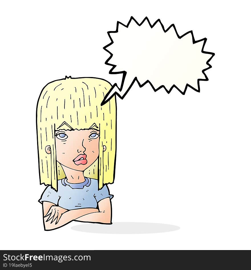 cartoon girl with folded arms with speech bubble