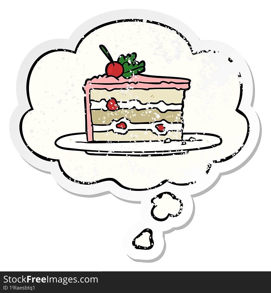 Cartoon Dessert Cake And Thought Bubble As A Distressed Worn Sticker